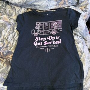 adidas Kids Black Short Sleeve Tee with Pink 'Step Up & Get Served' Graphic